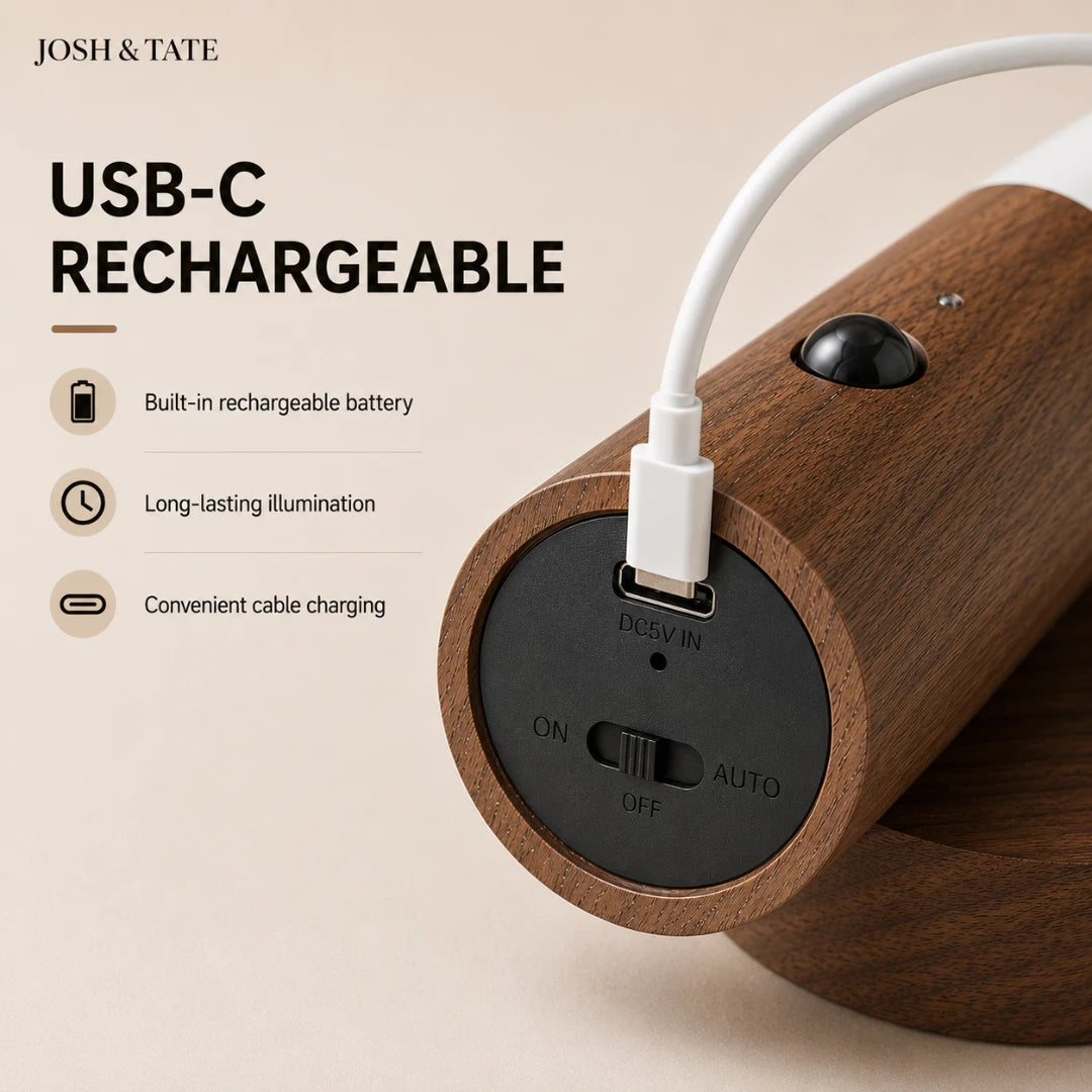 Josh & Tate - WoodGlow™ Magnetic Sensor Night Light - Wooden device with USB-C rechargeable feature on a beige background