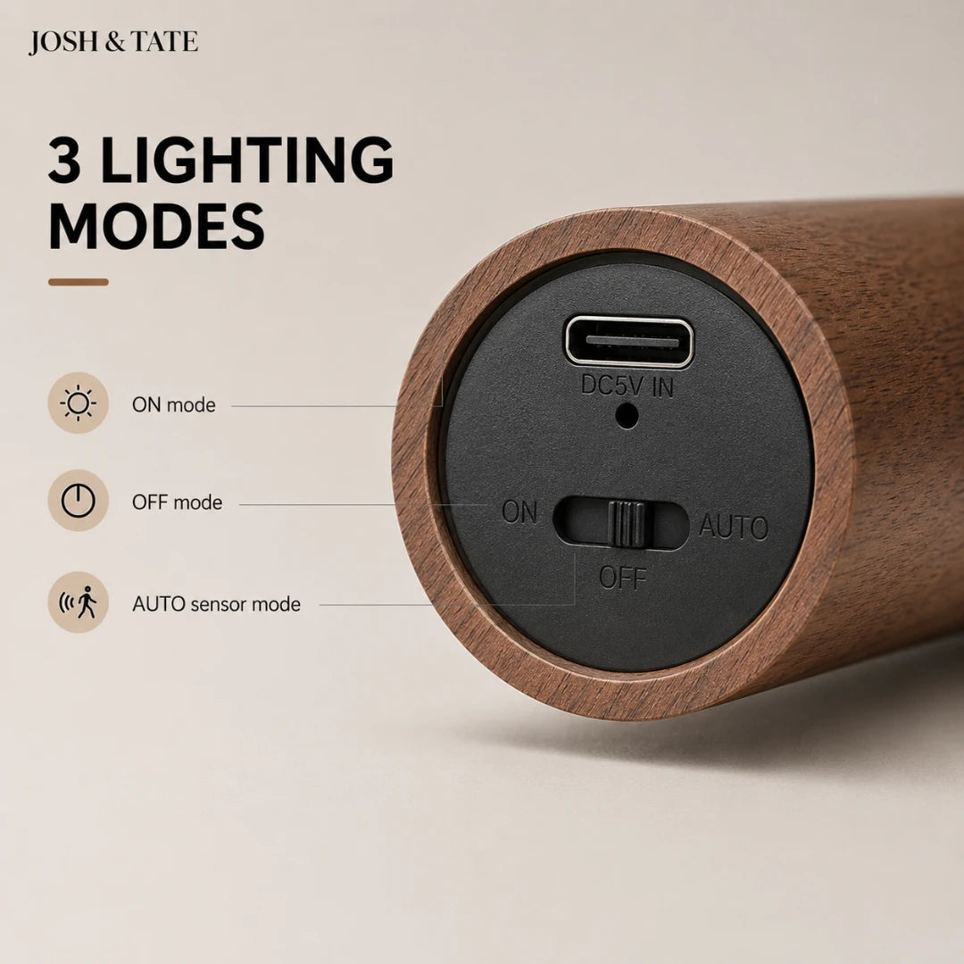 Josh & Tate - WoodGlow™ Magnetic Sensor Night Light - Wooden cylindrical device with electronic components on a beige background, featuring 'Josh & Tate' branding.