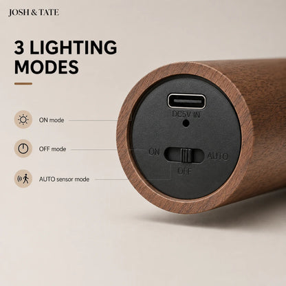 Josh & Tate - WoodGlow™ Magnetic Sensor Night Light - Wooden cylindrical device with electronic components on a beige background, featuring 'Josh & Tate' branding.