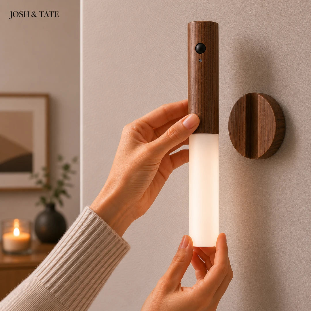 Josh & Tate - WoodGlow™ Magnetic Sensor Night Light - Wooden wall sconce being adjusted by a hand with a neutral background