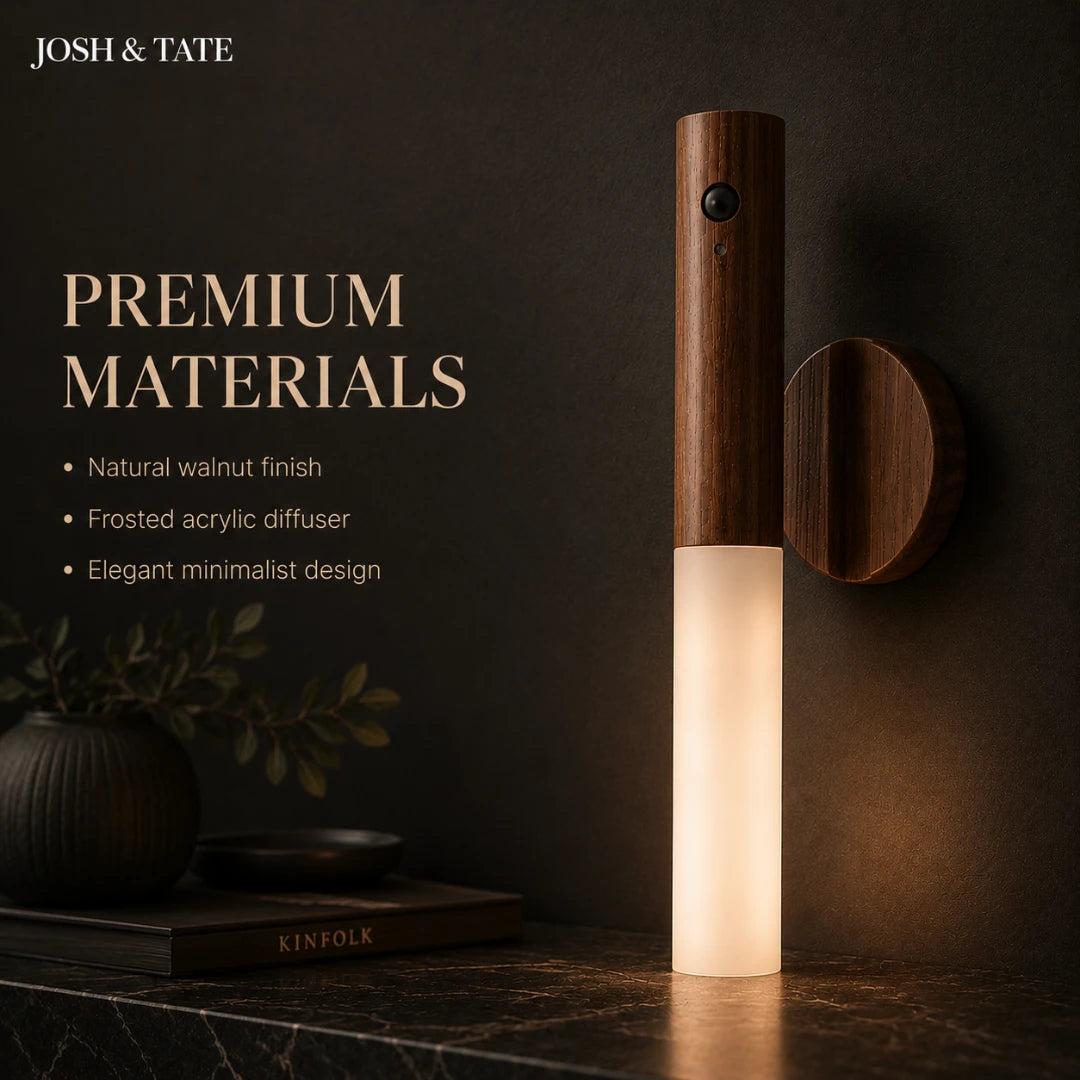 Josh & Tate - WoodGlow™ Magnetic Sensor Night Light - Wooden diffuser with a light on a dark surface, featuring Josh & Tate branding.