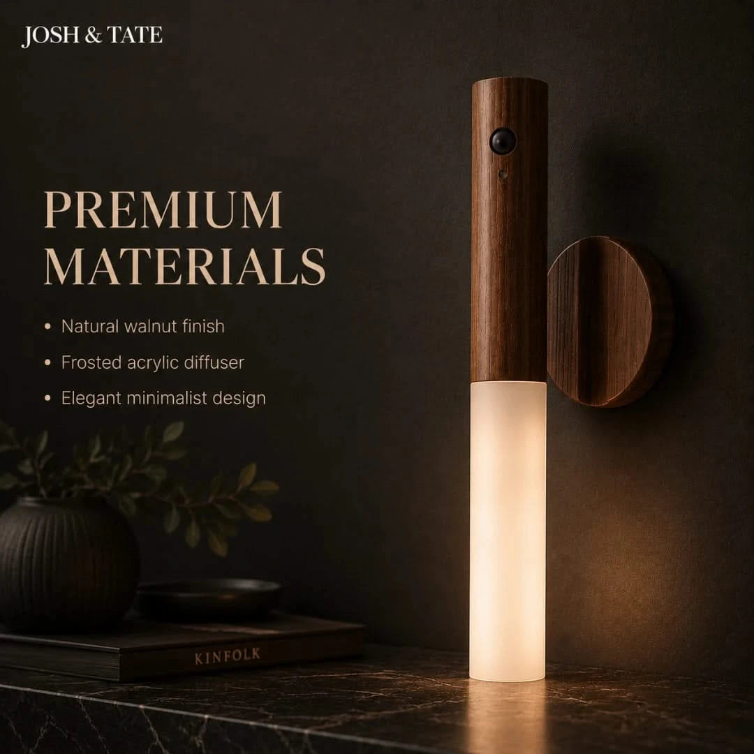 Josh & Tate - WoodGlow™ Magnetic Sensor Night Light - Wooden diffuser with a light on a dark surface, featuring Josh & Tate branding.