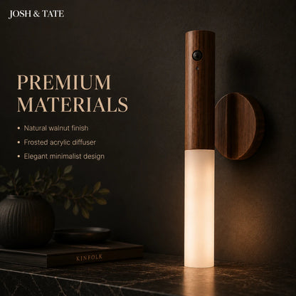 Josh & Tate - WoodGlow™ Magnetic Sensor Night Light - Wooden diffuser with a light on a dark surface, featuring Josh & Tate branding.