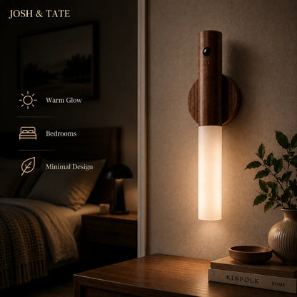 Josh & Tate - WoodGlow™ Magnetic Sensor Night Light - Wooden wall sconce in a bedroom setting with 'Josh & Tate' branding.
