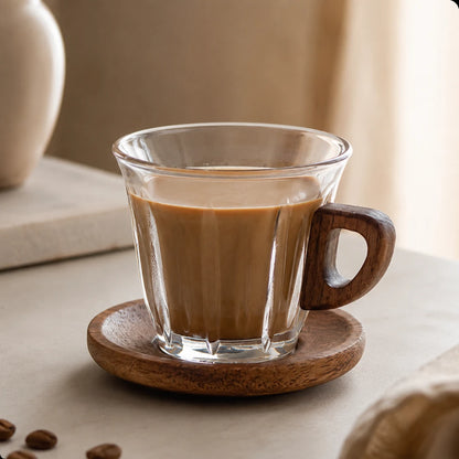 Josh & Tate - WoodGrip™ Coffee Cup Set - A clear glass coffee cup with a dark brown wooden handle and matching wooden coaster, filled with a light brown coffee drink, set on a beige tabletop with coffee beans nearby.