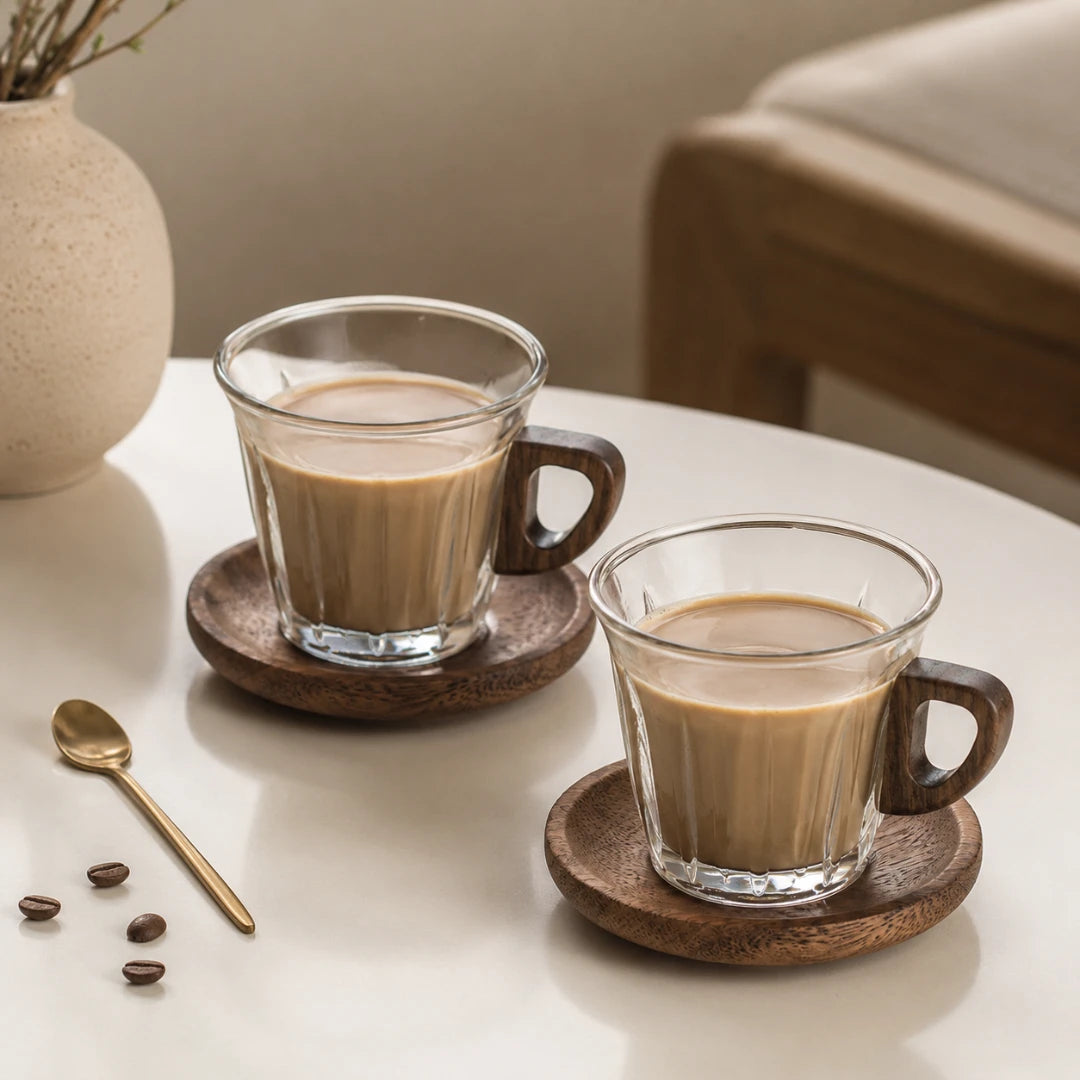 Josh & Tate - WoodGrip™ Coffee Cup Set - Two clear glass coffee mugs filled with coffee rest on round wooden coasters on a white table, with a spoon and coffee beans nearby and a softly blurred indoor setting in the background.