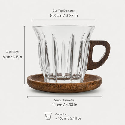 Josh & Tate - WoodGrip™ Coffee Cup Set - A clear glass coffee cup with a dark brown wooden handle and matching wooden saucer, shown with dimension labels for cup top diameter, cup height, saucer diameter, and capacity on a light gray background.