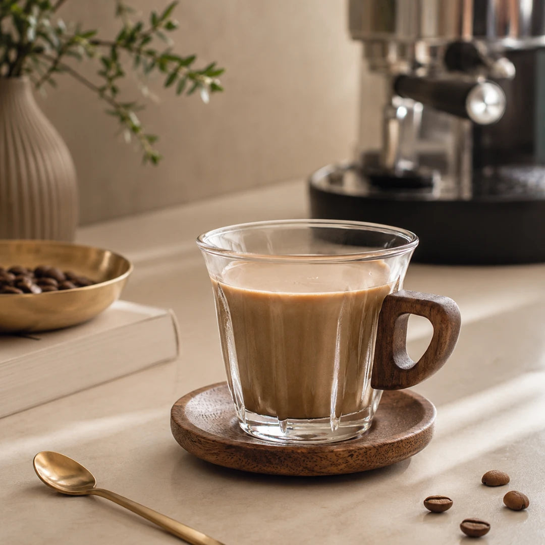 Josh & Tate - WoodGrip™ Coffee Cup Set - A clear glass mug with a dark brown wooden handle sits on a round wooden coaster, filled with a light brown coffee drink. The scene is styled on a beige tabletop with scattered coffee beans, a gold spoon, a small gold bowl, a book, and a blurred coffee machine in the background.