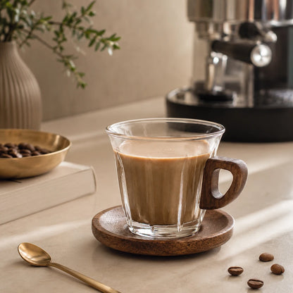 Josh & Tate - WoodGrip™ Coffee Cup Set - A clear glass mug with a dark brown wooden handle sits on a round wooden coaster, filled with a light brown coffee drink. The scene is styled on a beige tabletop with scattered coffee beans, a gold spoon, a small gold bowl, a book, and a blurred coffee machine in the background.