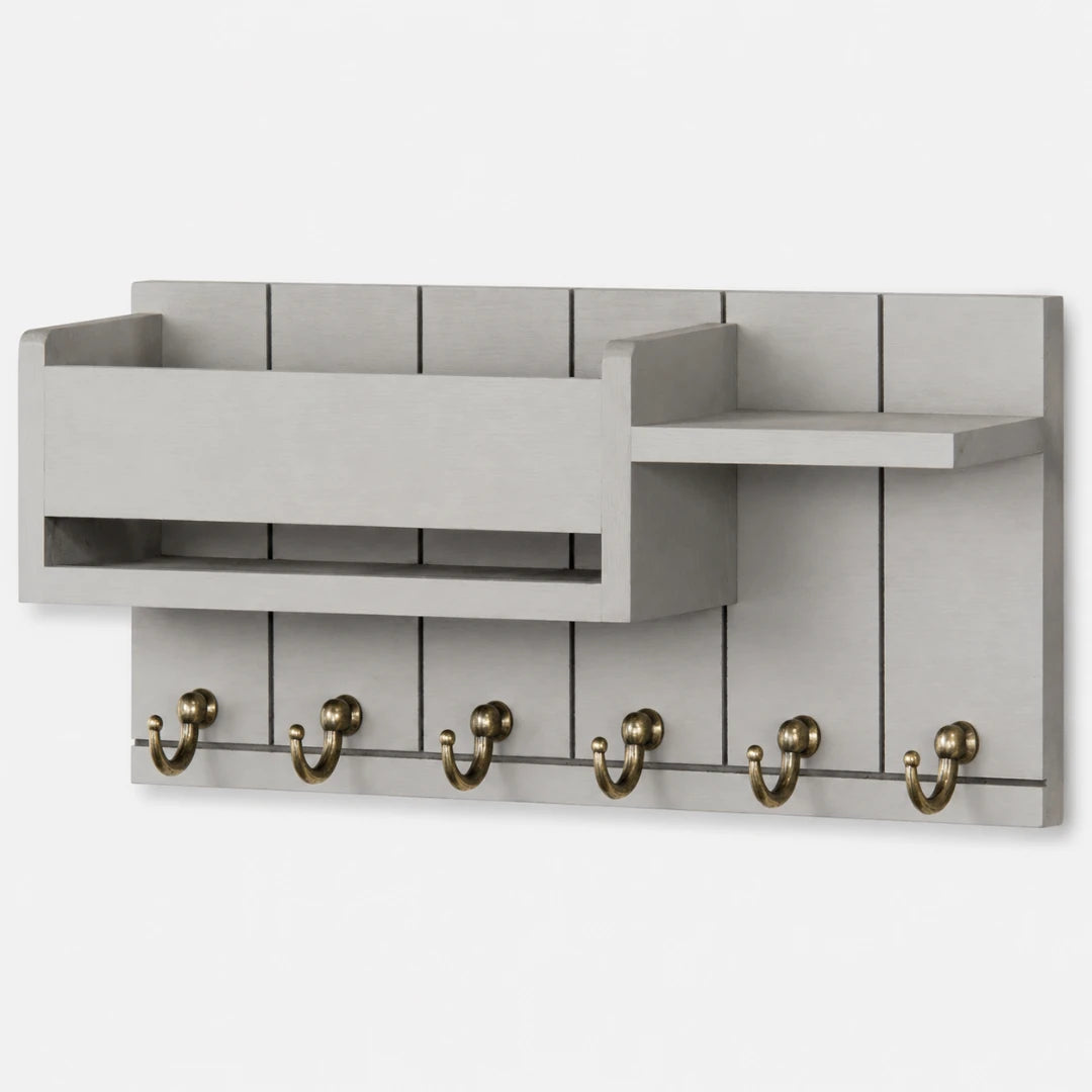 Josh & Tate - WoodenRack™ Wall Organizer - A light gray wall-mounted storage shelf and coat rack with five brass-colored hooks, shown against a plain white background.