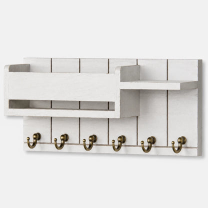 Josh & Tate - WoodenRack™ Wall Organizer - A white painted wooden wall-mounted organizer with a shelf and six brass hooks, shown against a light gray background.