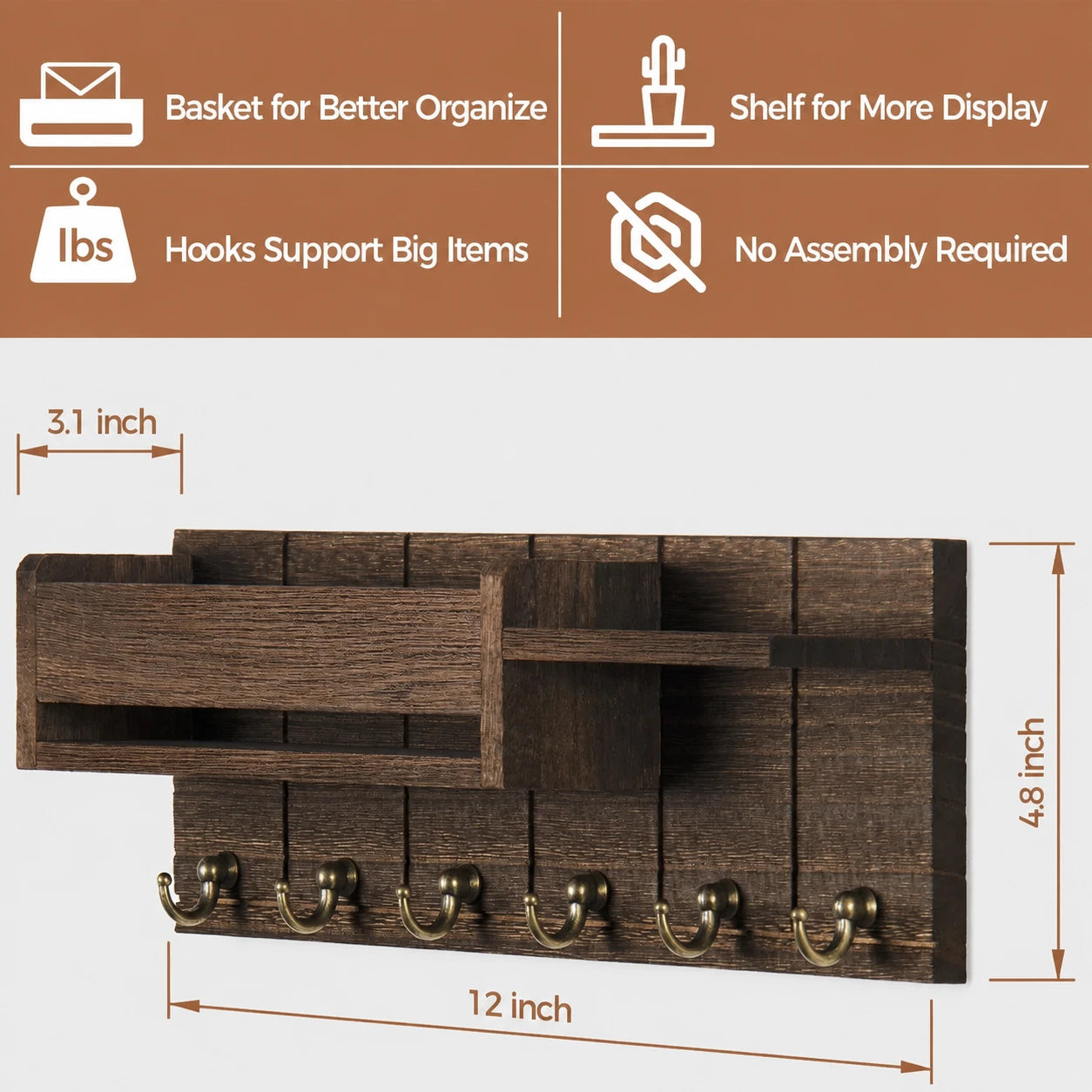 Josh & Tate - WoodenRack™ Wall Organizer - Dark brown wooden wall hook rack with five brass-colored metal hooks, a small basket organizer on the left, and open shelving, shown with dimension lines and text overlays indicating 12 inch width, 4.8 inch height, and 3.