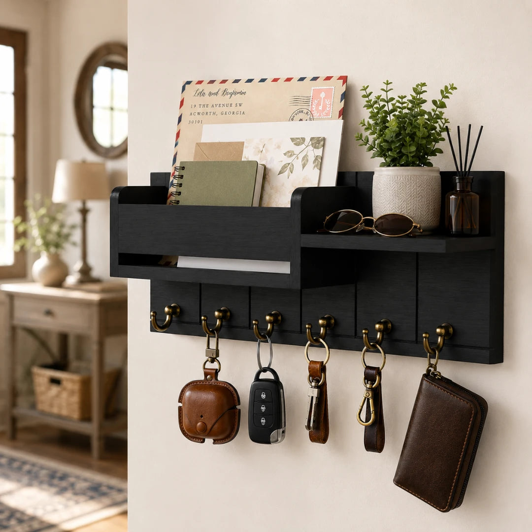 Josh & Tate - WoodenRack™ Wall Organizer - A black wall-mounted organizer with open shelves and five brass hooks, styled in a home entryway with keys, a brown leather wallet, sunglasses, a small plant, and mail items hanging or placed on it.