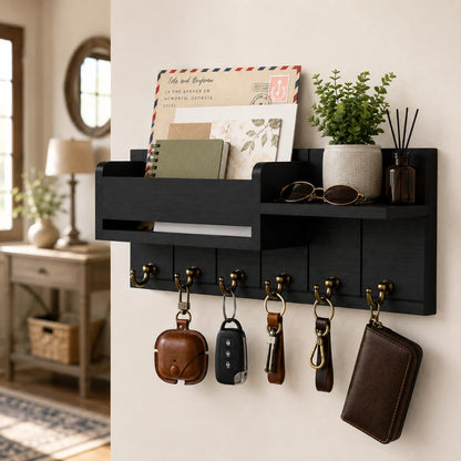 Josh & Tate - WoodenRack™ Wall Organizer - A black wall-mounted organizer with open shelves and five brass hooks, styled in a home entryway with keys, a brown leather wallet, sunglasses, a small plant, and mail items hanging or placed on it.