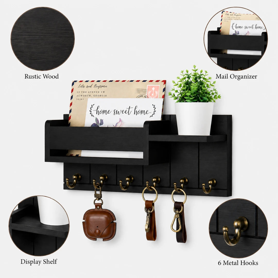 Josh & Tate - WoodenRack™ Wall Organizer - Black rustic wood wall-mounted organizer with a display shelf, six brass-toned metal hooks, and circular inset detail views showing the wood finish, mail organizer slot, plant holder, display shelf, and hooks.