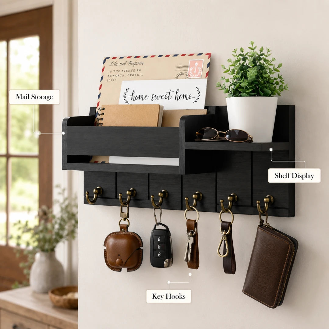 Josh & Tate - WoodenRack™ Wall Organizer - A black wall-mounted organizer with a mail storage slot, shelf display, and key hooks, shown mounted on a beige wall in a home setting with various accessories hanging from the keys.