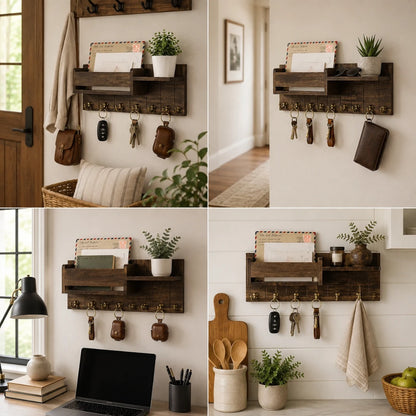 Josh & Tate - WoodenRack™ Wall Organizer - A four-panel collage showing a dark rustic wooden wall-mounted organizer with shelves, hanging hooks, and small planters in different home interior settings.