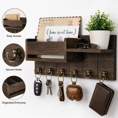 Josh & Tate - WoodenRack™ Wall Organizer - Dark brown wooden entryway organizer with multiple hooks, a mail slot, storage compartments, and accessories shown hanging on a white wall. The image includes circular inset callouts highlighting easy access, secure hooks, and organized entryway.