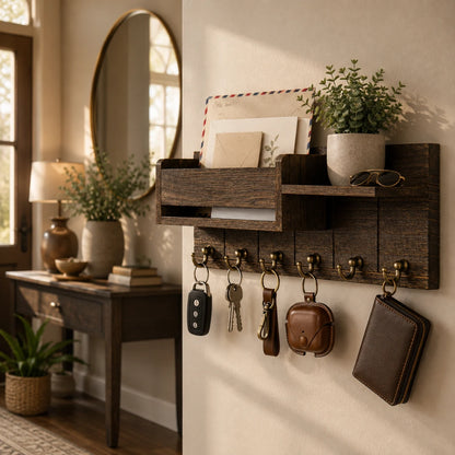 Josh & Tate - WoodenRack™ Wall Organizer - A dark brown wooden wall-mounted organizer with multiple brass hooks, shown in a warm, styled entryway. The organizer holds keys, a leather wallet, a small brown case, glasses, a potted plant, and a piece of mail.