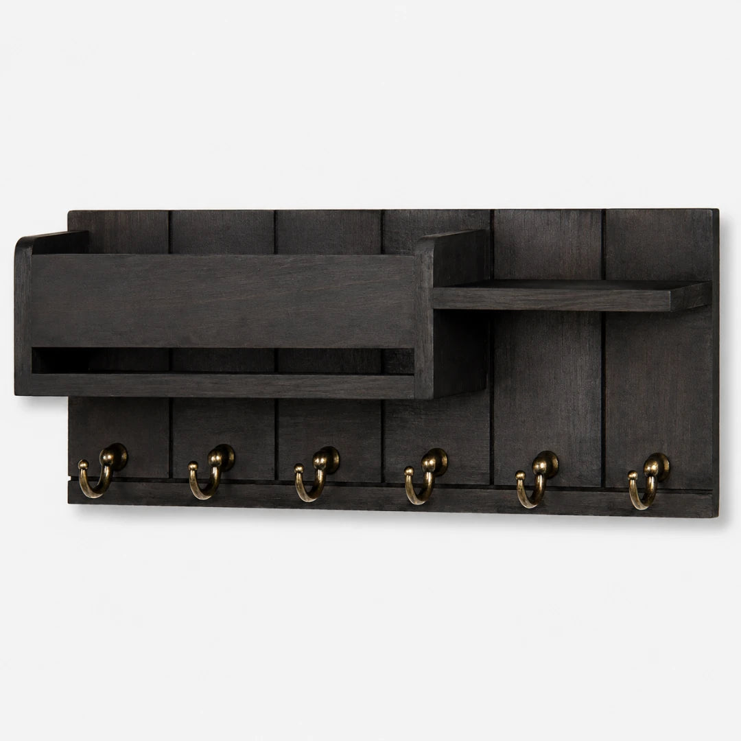 Josh & Tate - WoodenRack™ Wall Organizer - A dark wood wall-mounted coat rack with a slatted back panel, a top shelf, and six brass-colored hooks, shown against a plain light gray background.