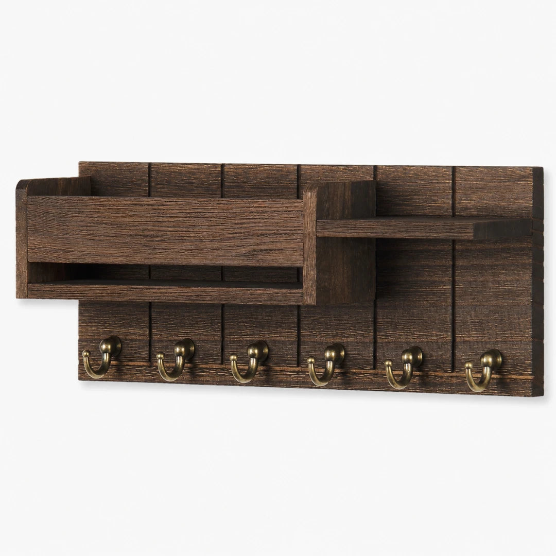 Josh & Tate - WoodenRack™ Wall Organizer - Dark brown wooden wall-mounted coat rack with a slatted back panel, a top storage tray, a side shelf, and five brass hooks on a white background.