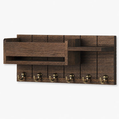 Josh & Tate - WoodenRack™ Wall Organizer - Dark brown wooden wall-mounted coat rack with a slatted back panel, a top storage tray, a side shelf, and five brass hooks on a white background.
