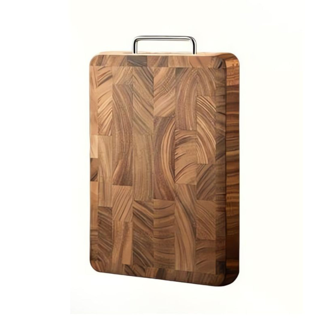 Wooden cutting board with a handle on a white background