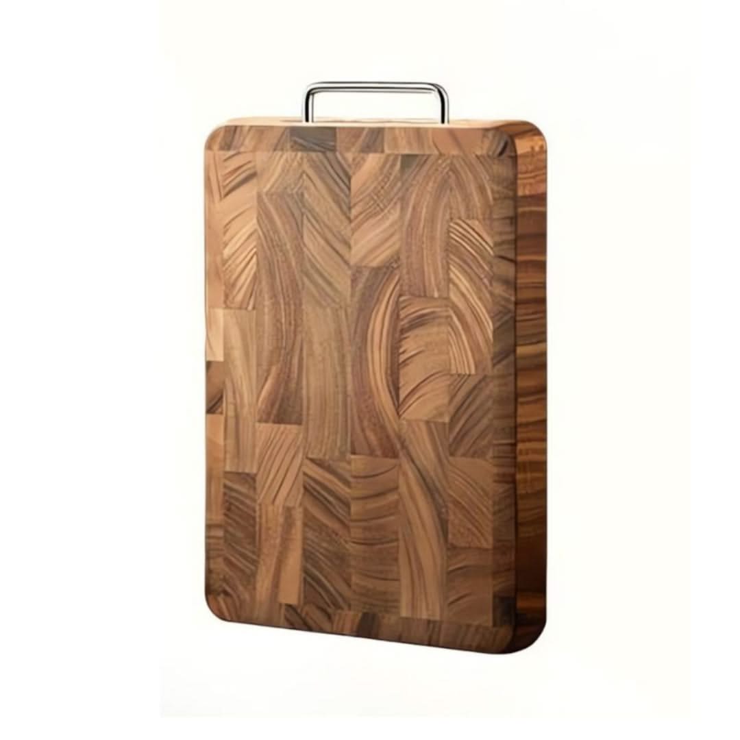 Wooden cutting board with a handle on a white background