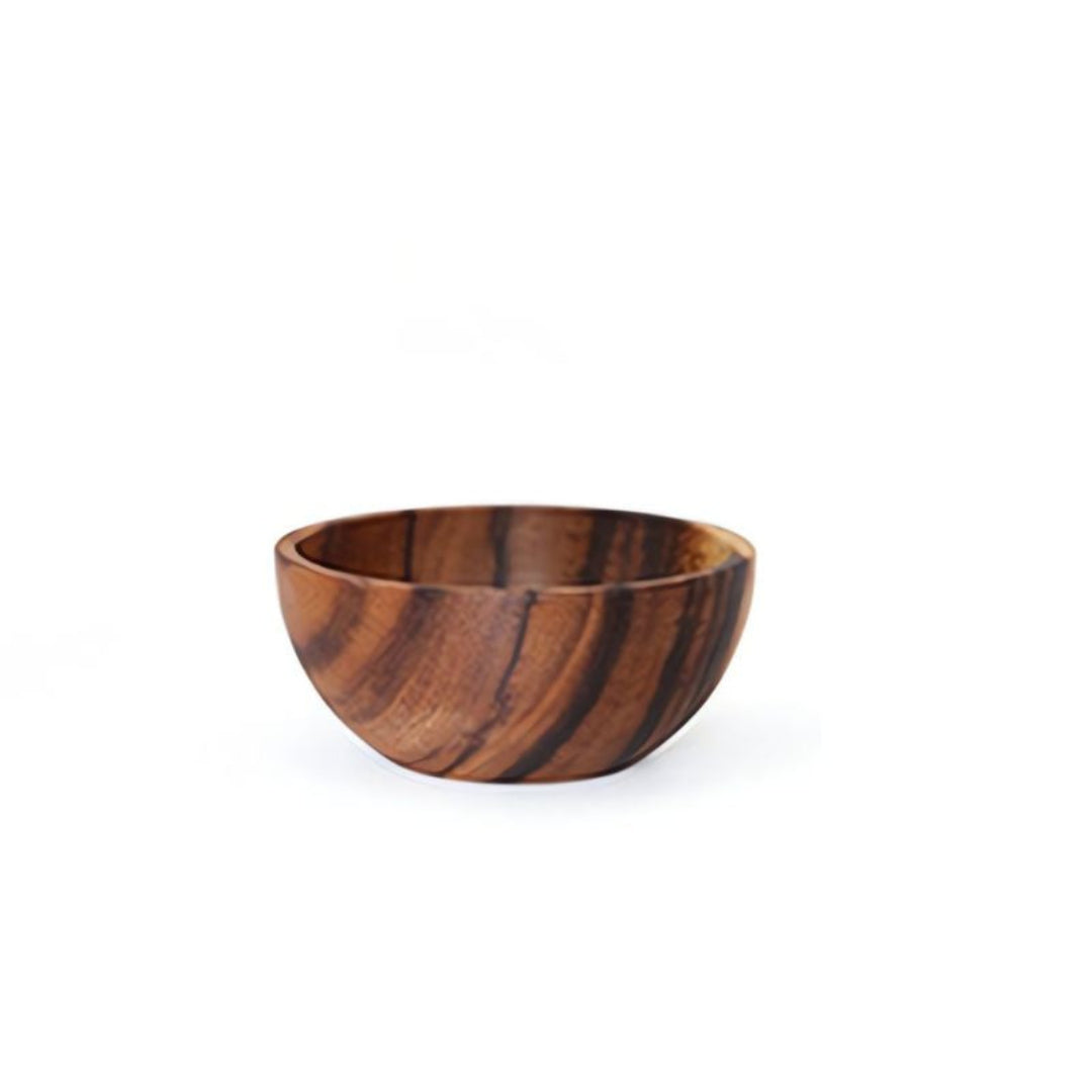 Wooden bowl with striped pattern on a white background