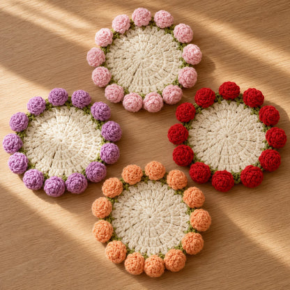 BloomKnit Woven Flower Coaster – Handmade Knitted Bouquet Drink Coaster