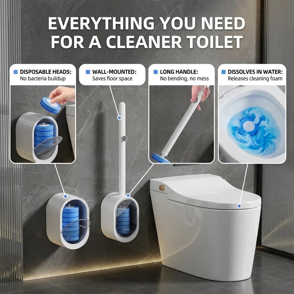 Disposable Toilet Brush with 8 Heads | Hands-Free Hygienic Cleaner
