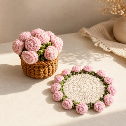 BloomKnit Woven Flower Coaster – Handmade Knitted Bouquet Drink Coaster
