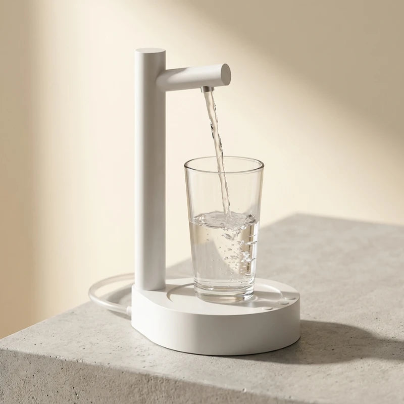 Josh & Tate - TapFlow™ Desktop Water Dispenser - White faucet pouring water into a glass on a concrete surface with a neutral background