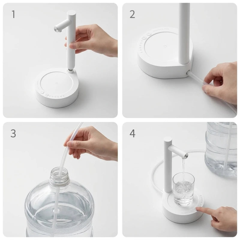 Josh & Tate - TapFlow™ Desktop Water Dispenser - Step-by-step process of using a white water dispenser on a white background