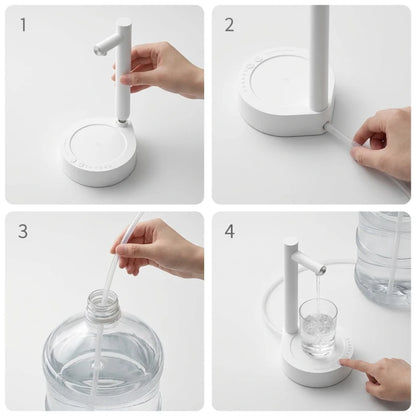 Josh & Tate - TapFlow™ Desktop Water Dispenser - Step-by-step process of using a white water dispenser on a white background