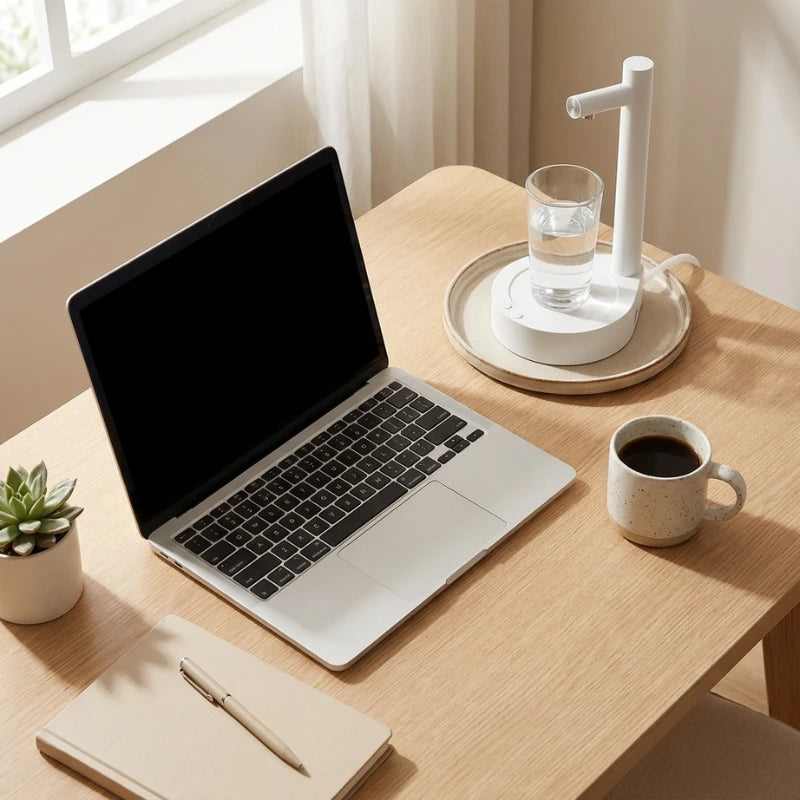 Josh & Tate - TapFlow™ Desktop Water Dispenser - Laptop on a wooden desk with a cup of coffee, notebook, and water dispenser.