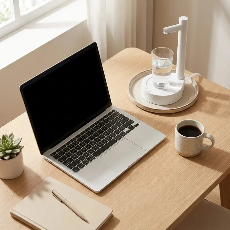 Josh & Tate - TapFlow™ Desktop Water Dispenser - Laptop on a wooden desk with a cup of coffee, notebook, and water dispenser.