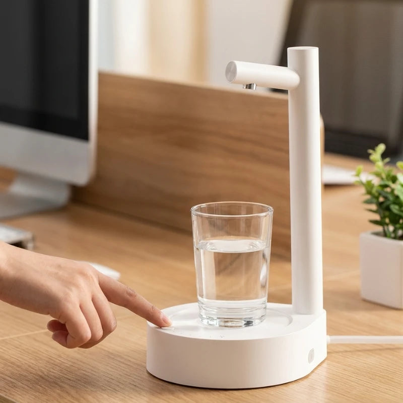 Josh & Tate - TapFlow™ Desktop Water Dispenser - White water dispenser on a desk with a glass of water and a hand pressing a button.