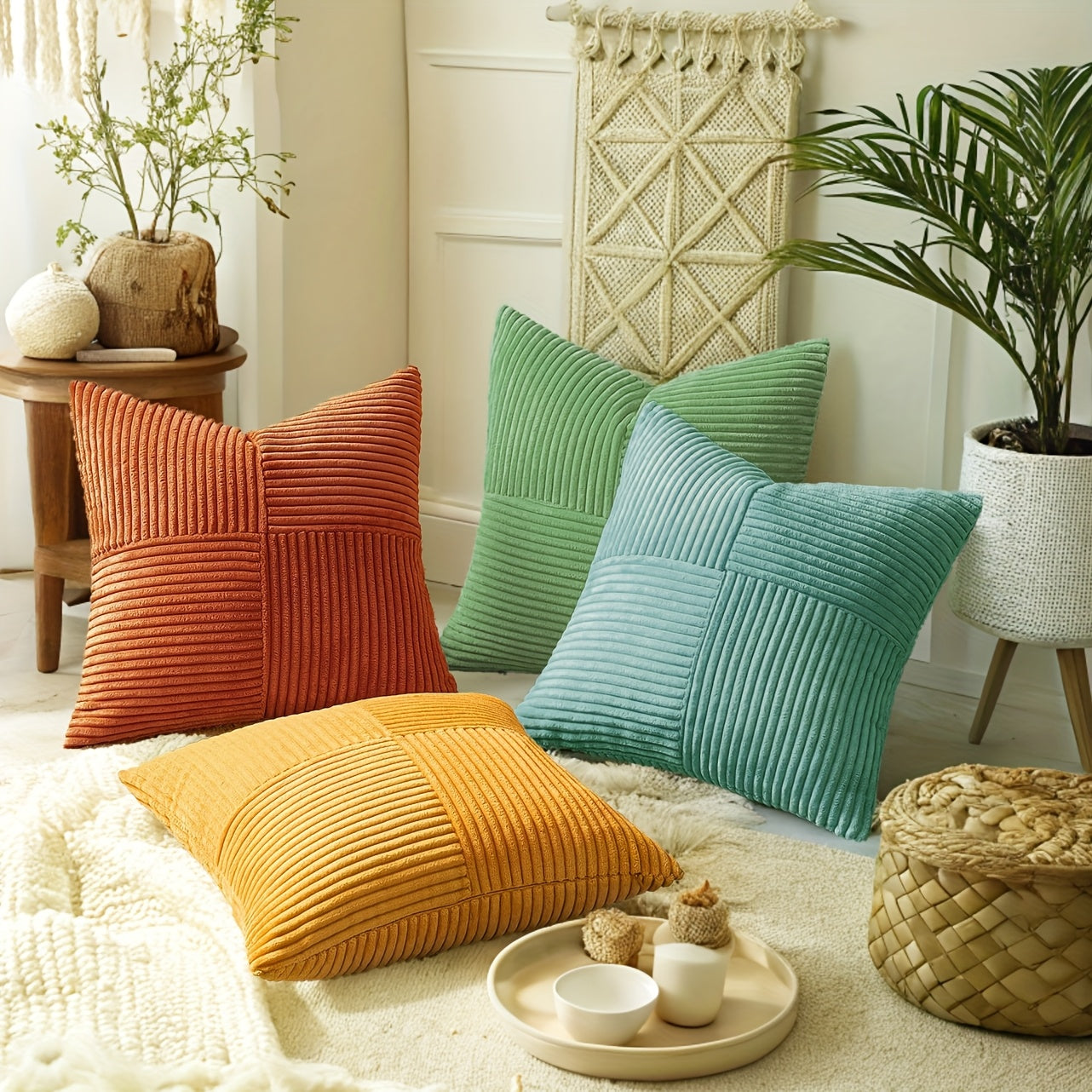 Colorful textured pillows on a couch with a decorative wall hanging and plants in the background.