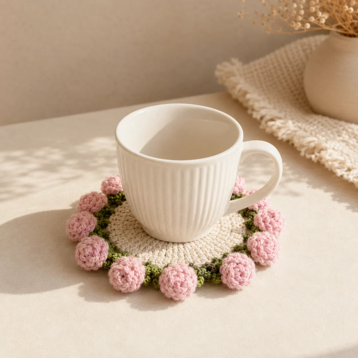 BloomKnit Woven Flower Coaster – Handmade Knitted Bouquet Drink Coaster